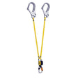 The Petzl ABSORBICA-Y MGO International Version L01_BB0_ is a yellow double lanyard with two silver hooks and a central locking mechanism, equipped with an energy absorber for improved safety and fall protection.