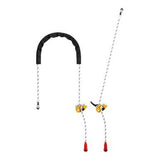 The Petzl GRILLON Adjustable Lanyard for Work Positioning (Product Code: L052AA0-) comes with two white ropes featuring black and yellow adjustment devices and ending in loops. One rope includes a protective black cover, while the other showcases vibrant orange and red tips. Ideal for climbing or safety applications, these lanyards are designed to integrate seamlessly into your fall arrest system or work positioning setup.