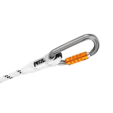 A close-up of a climbing setup showcases a white and black rope connected to a Petzl carabiner featuring an orange screw lock for secure attachment. The system is further enhanced with the Petzl GRILLON Temporary Horizontal Lifeline, which includes a self-locking device for added safety, and the Petzl logo is prominently displayed near the rope's connection point.