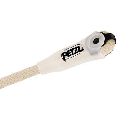 Close-up of a beige Petzl GRILLON PLUS Lanyard with a protective sheath at the end, displaying the brand name "Petzl" in black text. The robust lanyard, constructed with aramid fiber, appears textured and is ideal for work positioning systems or safety use.