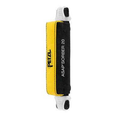 The Petzl ASAP'SORBER L071AA0_ fall arrester features a striking yellow and black design with stitched loops on each end. The Petzl logo and "ASAP'SORBER 20" text prominently displayed on the black section highlight its reliable energy absorber capabilities.