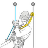 Illustration of a person equipped for climbing, adjusting their gear. They are wearing a helmet, harness, and using ropes for support. A Petzl ASAP'SORBER L071AA0_, made by Petzl, is attached to them as they inspect a connection with a yellow safety lanyard, ensuring maximum safety on the climb.