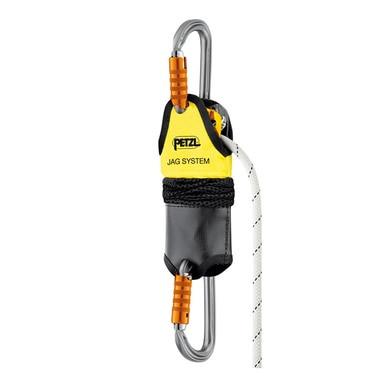 Displayed is the Petzl JAG System P044AA0_, an orange-and-yellow pulley system crafted for rope rescue by Petzl. It includes carabiners and a black rope encasement, providing a mechanical advantage. The system's sealed ball bearings offer smooth operation when used with a white rope featuring black specks.