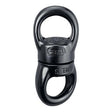 The Petzl Swivel P58, featuring a black metal design with a large upper loop and a slightly smaller lower loop, is ideal for rope access. The smooth, shiny central connecting piece is embossed with the Petzl name, making it perfect for confined space workers seeking reliability.