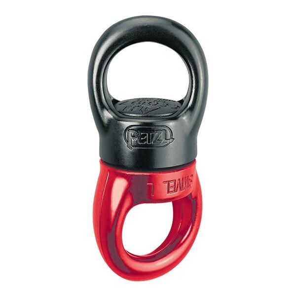 The Petzl Swivel P58 by Petzl is a black and red swivel device with rounded loops at each end, specifically designed for rope access tasks. The upper part of the device is black, and the lower component features "SWIVEL" engraved in red. It is ideal for rigging and climbing, providing smooth rotation for workers in confined spaces.