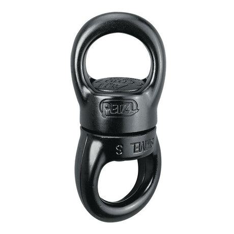 The Petzl Swivel P58, a black device ideal for rope access and confined space workers, includes two circular openings to connect climbing or rigging gear. Its design enables free rotation, preventing rope twists.