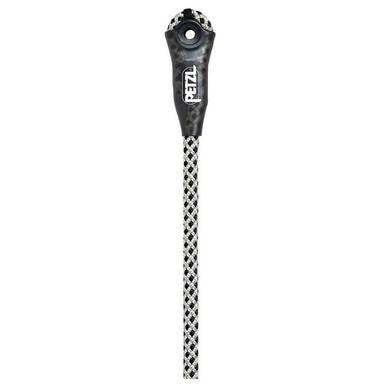 The Petzl RAY 11 mm with Sewn Termination R100BA0_ climbing lanyard features a reinforced eyelet at the top and incorporates EverFlex technology. This low elongation rope prominently displays the Petzl brand name on the black section near the eyelet, ensuring durability and reliability.