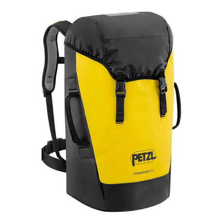 With an ergonomic design, the Petzl TRANSPORT 45 Pack S042BA0_ hiking backpack showcases adjustable shoulder straps and secure buckle closures. This durable pack prominently features the Petzl logo alongside the "TRANSPORT 45" text on the front, in a striking yellow and black color scheme.