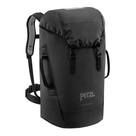 The Petzl TRANSPORT 45 Pack S042BA0_ is a black backpack featuring an ergonomic design, adjustable straps, side handles, and a top flap secured with buckles. Designed for outdoor activities, this durable pack prominently displays the logo and model name on the front.