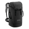 The Petzl TRANSPORT 45 Pack S042BA0_ is a black backpack featuring an ergonomic design, adjustable straps, side handles, and a top flap secured with buckles. Designed for outdoor activities, this durable pack prominently displays the logo and model name on the front.