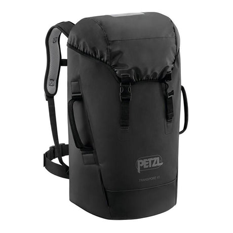 The Petzl TRANSPORT 45 Pack S042BA0_ exhibits an ergonomic design with a top flap closure and adjustable shoulder straps, providing comfort alongside its durable construction. The front prominently features the Petzl brand logo and "TRANSPORT 45" text.