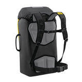 The Petzl TRANSPORT 45 Pack S042BA0_ is a black and gray backpack designed for hiking with ergonomic features, including multiple straps and a padded back to ensure comfort. It can stand upright, has a top flap opening, side handles, and subtle yellow accents on the sides to combine style with functionality.