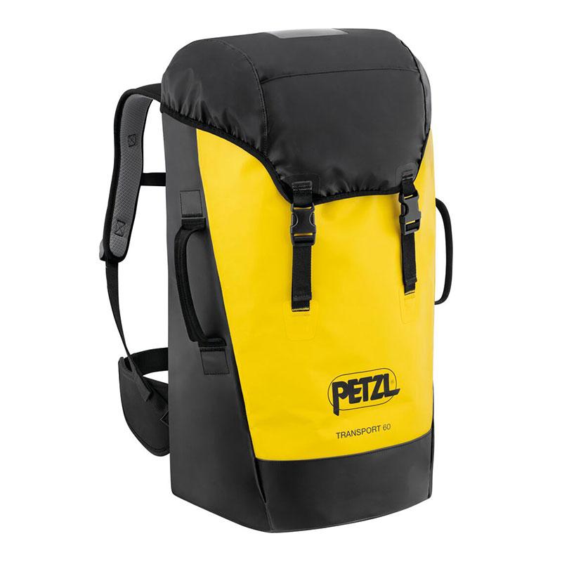 A yellow and black pack from Petzl, the TRANSPORT 60 Pack S042CA0_, showcases a robust design with "Petzl Transport 60" printed on the front. Equipped with padded shoulder straps, thermoformed foam for added comfort, and multiple buckles, this backpack is perfect for any adventure.