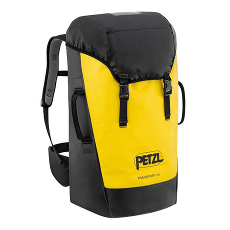 A yellow and black pack from Petzl, the TRANSPORT 60 Pack S042CA0_, showcases a robust design with "Petzl Transport 60" printed on the front. Equipped with padded shoulder straps, thermoformed foam for added comfort, and multiple buckles, this backpack is perfect for any adventure.