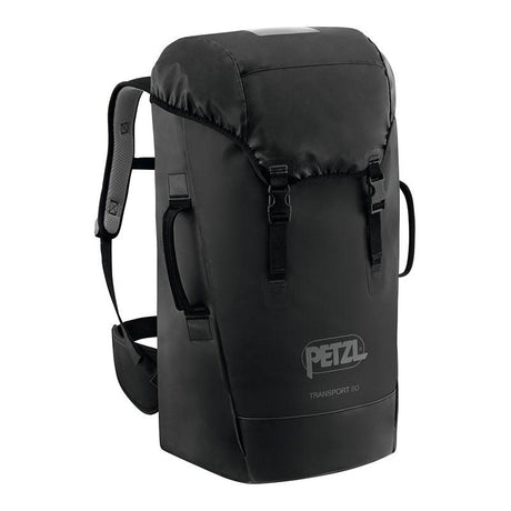 The Petzl TRANSPORT 60 Pack S042CA0_ is a black backpack crafted with high-strength TPU and designed for comfort with thermoformed foam. It features two shoulder straps, a padded hip belt, and a top flap secured with buckles. This durable pack prominently showcases the Petzl logo, making it ideal for carrying equipment on outdoor or climbing adventures.