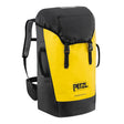 The Petzl TRANSPORT 60 Pack S042CA0, a sturdy black and yellow backpack, is made from high-strength TPU and boasts a robust rectangular design. It includes adjustable shoulder straps, a top handle, and has "Petzl" along with "Transport 60" printed on the front.