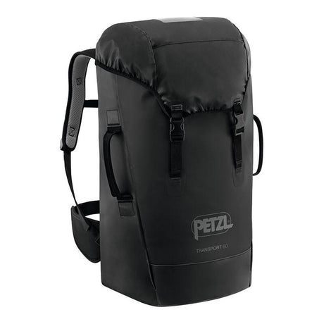 The Petzl TRANSPORT 60 Pack S042CA0_ is a black backpack with a rugged design, equipped with adjustable shoulder straps and side handles. It features thermoformed foam for enhanced durability and prominently displays the Petzl logo on the front.