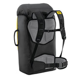 The Petzl TRANSPORT 60 Pack S042CA0_ backpack, by Petzl, is designed with padded straps and a structured back panel featuring thermoformed foam for enhanced comfort. Its durable construction includes a high-strength TPU side handle and a distinct yellow section, making it ideally robust for outdoor adventures.