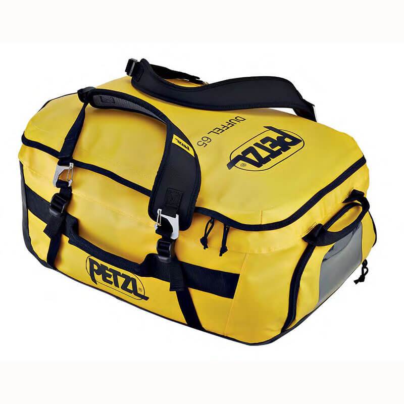 A yellow Petzl DUFFEL Bag S045AA0_ with a large opening, black straps, and zippers is shown. Labeled "Duffel 65," it prominently features the Petzl logo. Designed for outdoor and climbing activities, it can also be converted into a comfortable backpack for easy carrying.