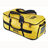 The Petzl DUFFEL Bag S045AA0_, in a striking yellow and black design, prominently displays the Petzl brand. It offers a spacious opening and features durable handles with adjustable straps, specifically designed for outdoor use.