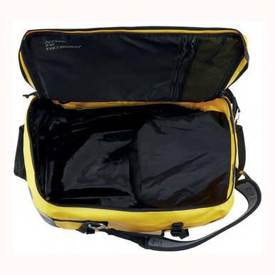 The Petzl DUFFEL Bag S045AA0_ by Petzl boasts a striking yellow and black design with a roomy, empty interior and a convenient zippered mesh pocket on the lid. Its adjustable strap offers comfort, and the large opening ensures easy access to your essentials.