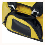 The Petzl DUFFEL Bag S045AA0_ from the brand Petzl features a large opening and a partially open side pocket that reveals its black interior. It is designed in yellow and black, with adjustable straps equipped with buckles for convenient backpack-style carrying.