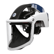 The Pureflo PureFlo 3000 PAPR Open Frame PF3000-F2_B-03 is a white and black helmet with a clear face shield, black chin guard, blue top logo, and integrated respiratory protection for industrial or medical use.