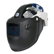 The Pureflo PureFlo 3000 PAPR Open Frame Welding PF3000-F2W_-03 is a black and white auto-darkening welding helmet with adjustable strap, protective face shield, side control knob, and large dark-tinted viewing window for eye protection.