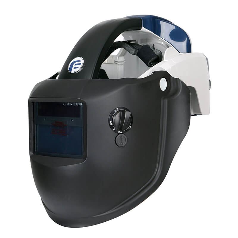 The Pureflo PureFlo 3000 PAPR Open Frame Welding PF3000-F2W_-03 is a black and white auto-darkening welding helmet with adjustable strap, protective face shield, side control knob, and large dark-tinted viewing window for eye protection.