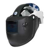 The Pureflo PureFlo 3000 PAPR Open Frame Welding PF3000-F2W_-03 is a black and white auto-darkening welding helmet with adjustable strap, protective face shield, side control knob, and large dark-tinted viewing window for eye protection.