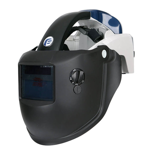 The Pureflo PureFlo 3000 PAPR Open Frame Welding PF3000-F2W_-03 is a black and white auto-darkening welding helmet with adjustable strap, protective face shield, side control knob, and large dark-tinted viewing window for eye protection.
