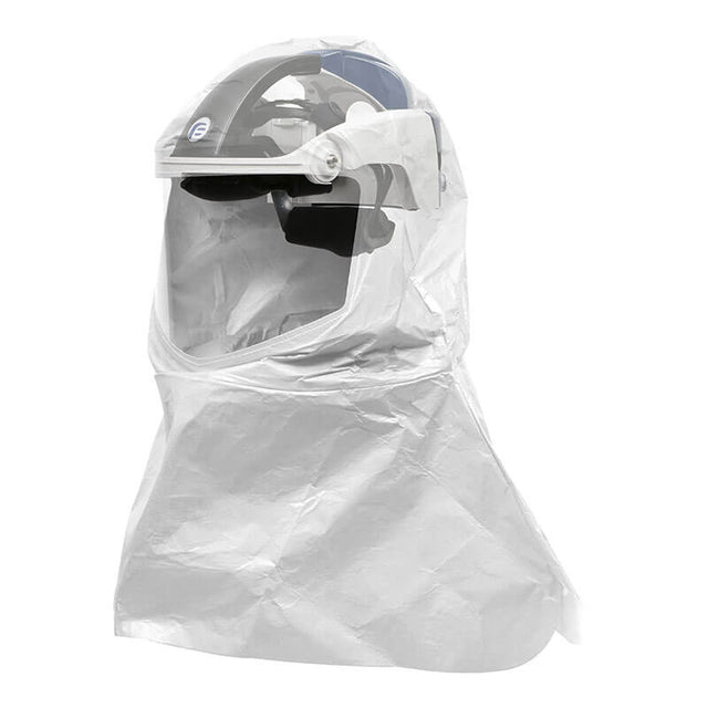 The PureFlo 3000 PAPR Open Frame with Tychem Hood (PF3000-F6NA-03) by Pureflo features a clear face shield and white full-coverage material, offering NIOSH-approved head, face, and neck protection.