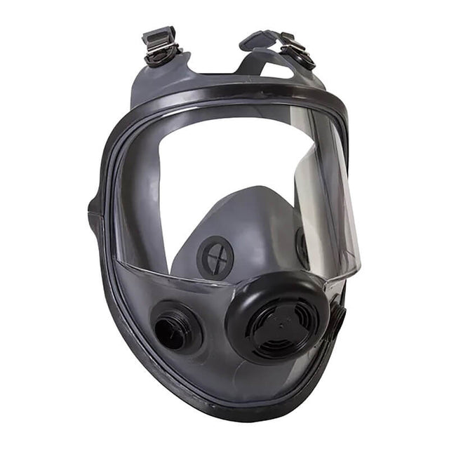 The PIP North Full Respirator Facepiece - Medium/Large 54001 by PIP is a black, full facepiece mask with a clear visor, adjustable straps, and two front filter ports for reliable protection against airborne particles.