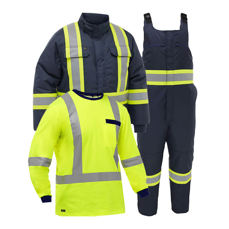 Stay visible and warm with the PIP Bisley ANSI Type O Class 1 Extreme Cold 3 Piece Bundle from PIP, which includes a high-visibility jacket, overalls with reflective stripes, and a neon yellow long-sleeve shirt with chest pocket.