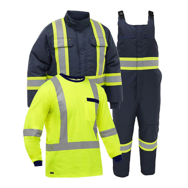 Stay visible and warm with the PIP Bisley ANSI Type O Class 1 Extreme Cold 3 Piece Bundle from PIP, which includes a high-visibility jacket, overalls with reflective stripes, and a neon yellow long-sleeve shirt with chest pocket.