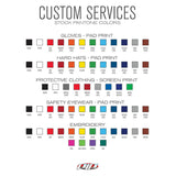 A chart titled "Custom Services Stock Pantone Colors" displays color options for gloves, hard hats, safety eyewear, embroidery, and the PIP ANSI Type R Class 3 Two-Tone T-Shirt 313-CNTSP, with labeled swatches for each item.