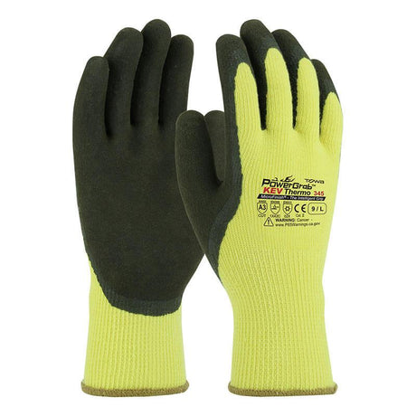 The PIP PowerGrab KEV Thermo Gloves 09-K1350, by Protective Industrial Products, feature Cut Level A4 safety certifications and are designed with a textured dark green palm and fingertips. The yellow and green thermal build ensures protection, while the latex-coated grip provides excellent handling in cold conditions. This product is available in packs of 12 pairs.