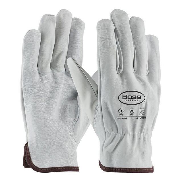 Introducing the PIP Boss Xtreme AR Goatskin Drivers, a set of 12 pairs, featuring white protective work gloves with brown wrist trim. Crafted from durable goatskin leather, these gloves display the "Boss Xtreme" logo in black on the back, along with symbols denoting their safety standards. Ideal for users seeking style and ARC protection.