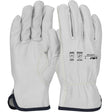 A pair of PIP Economy Goatskin Leather Gloves w/HPPE Lining, showcasing white leather with black accents. One glove reveals certification markings on the back, including ANSI A5 cut resistance and EN388 ratings, while the other highlights the touchscreen-compatible palm side.