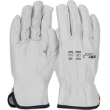 A pair of PIP Economy Goatskin Leather Gloves w/HPPE Lining, showcasing white leather with black accents. One glove reveals certification markings on the back, including ANSI A5 cut resistance and EN388 ratings, while the other highlights the touchscreen-compatible palm side.