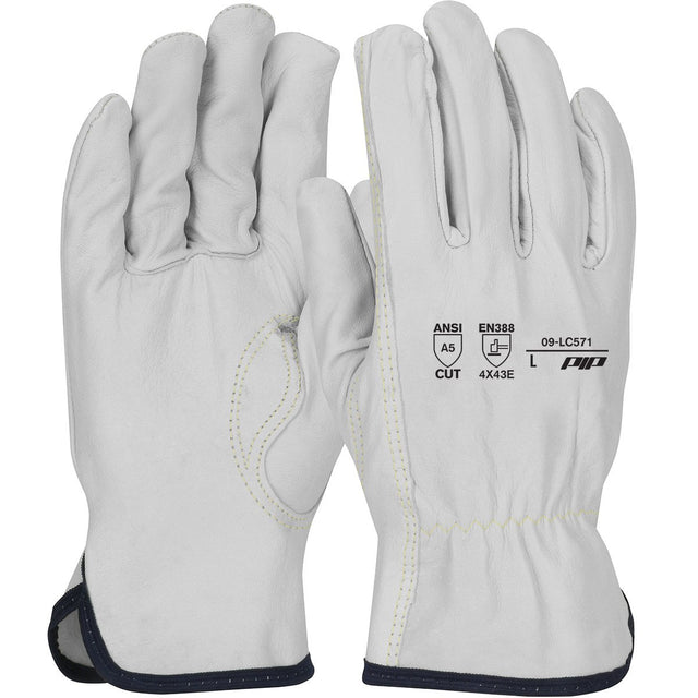 A pair of PIP Economy Goatskin Leather Gloves w/HPPE Lining, showcasing white leather with black accents. One glove reveals certification markings on the back, including ANSI A5 cut resistance and EN388 ratings, while the other highlights the touchscreen-compatible palm side.