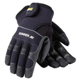 Introducing the PIP Maximum Safety Gunner-AV PVC Sand Palm Gloves 120-4400, available in black and designed by Protective Industrial Products. These gloves feature durable reinforced fingertips and a secure wrist strap for ultimate protection. Constructed with a sturdy synthetic leather palm, they ensure durability and superior grip.