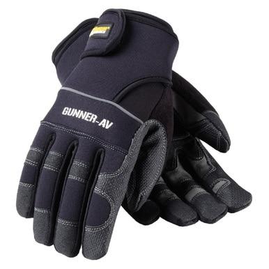 Introducing the PIP Maximum Safety Gunner-AV PVC Sand Palm Gloves 120-4400, available in a pack of 12 pairs. These gloves, from the reputable brand PIP - Protective Industrial Products, boast gray reinforcements and black synthetic leather palms for enhanced durability. With adjustable wrist straps for a secure fit, they are perfect for heavy-duty tasks.