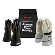 The PIP NOVAX Class 1 Electrical Safety Kit 150-SK-1 from Protective Industrial Products (PIP) contains a complete set of protective gear, including black rubber insulating gloves, sturdy white and gray leather protector gloves with straps, and a handy black bag labeled "NOVAX Rubber Insulating Gloves: Always Wear Your Gloves.