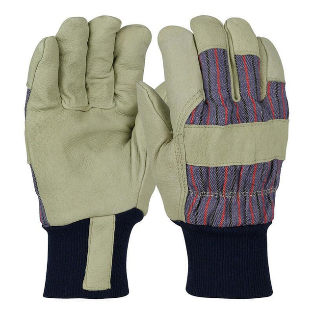 Introducing the PIP Pigskin Leather Palm Glove Thermal Lining 1555, crafted by Protective Industrial Products. These work gloves are ideal for cold weather applications, featuring beige pigskin leather on the palms and a multicolored striped fabric on the back. Designed with black ribbed cuffs, one glove is displayed with its palm facing upward while the other faces downward.