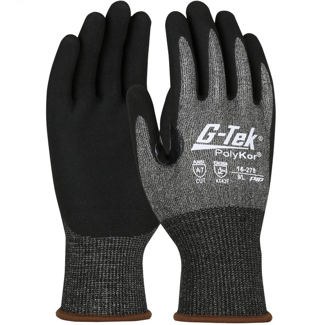 A pair of PIP G-Tek PolyKor X7 gloves in black and gray, featuring white text on the back. Engineered by Protective Industrial Products for hand protection, these touchscreen-compatible gloves boast cut-resistant material and a seamless knit design.