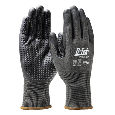 Introducing the PIP G-Tek PolyKor Glove with Nitrile Coated Foam Grip (16-348). These black, textured work gloves feature gray cuffs and proudly display the "G-Tek" and "PolyKor" brand names on the back. Designed as seamless knit gloves, they are crafted from durable materials to ensure protection across various tasks, allowing you to tackle challenges with confidence and comfort.