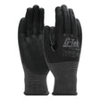 Introducing the PIP G-Tek PolyKor Glove with Nitrile Coated Foam Grip 16-351, a pair of black gloves that showcase textured palms and feature white "G-Tek" branding on the back. These gloves are designed with cut resistance, safety certifications, ribbed cuffs, and touchscreen compatibility to ensure durability and protection during work.