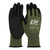 A pair of PIP G-Tek PolyKor X7 MicroSurface Grip Gloves, model 16-399, featuring black NeoFoam-coated palms and green fabric backs. These gloves are touchscreen compatible and display the ANSI cut resistance level on the top side.