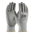 The PIP G-Tek PolyKor Industry Grade Glove w/PU Coated Flat Grip 16-533 by Protective Industrial Products are cut-resistant gloves that feature a textured polyurethane coating on the palms and fingers. These gray gloves have safety icons and certification details printed on the back.